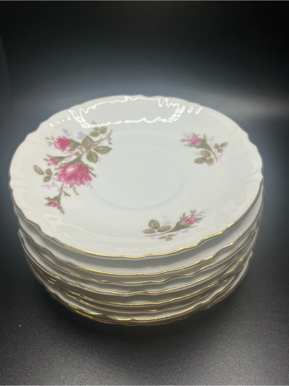 Royal Rose Fine China saucer Plates Set of 8 Pink Rose Gold Trim